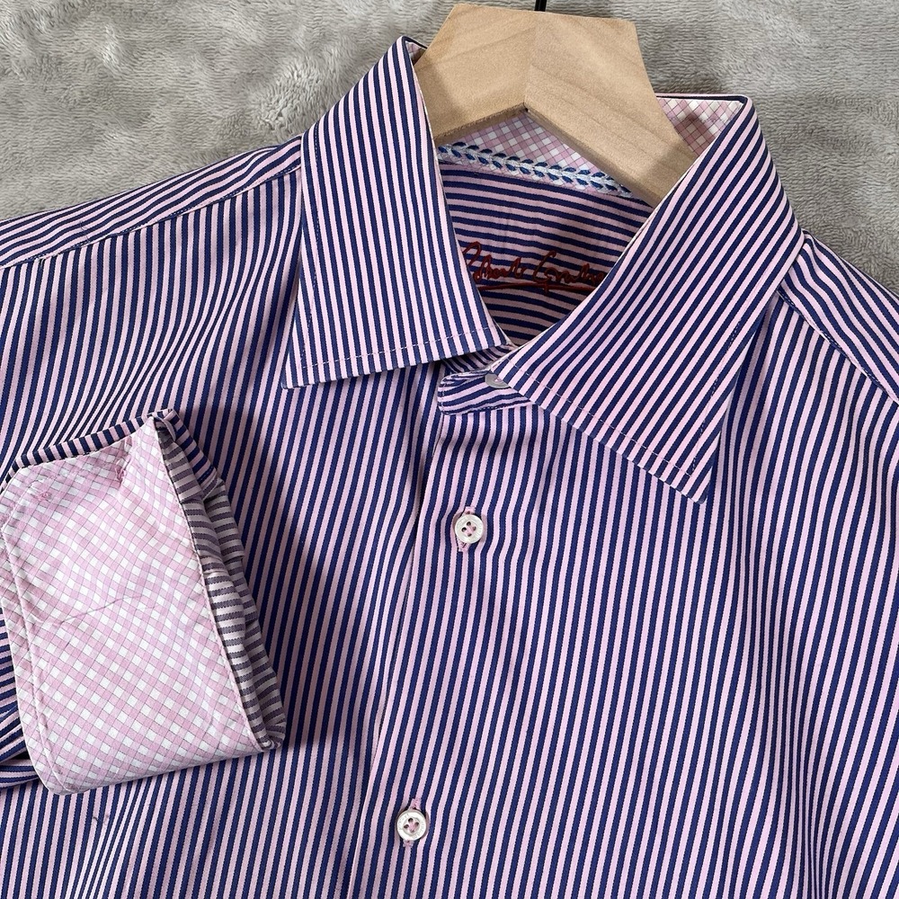 Robert Graham Striped Pink Purple flip cuffs‎  Dress Shirt 41-16